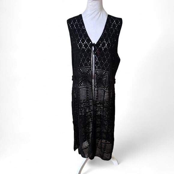 Y2K VINTAGE WHITE STAG BLACK CROCHET KNIT LACE SHEER COVER UP DRESS X LARGE EUC‎ - Picture 2 of 7